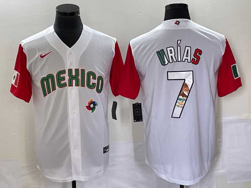 Mens Mexico Baseball #7 Julio Urias Number 2023 White Red World Classic Stitched Jersey 15